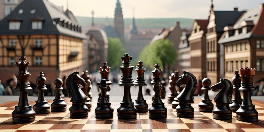 Analytical Press - Chess Pieces overlooking a city square